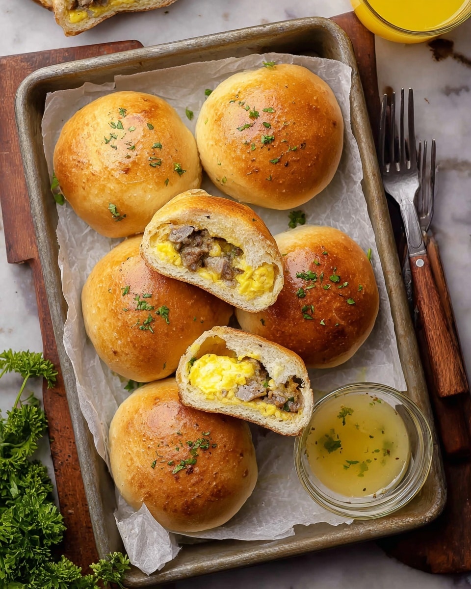 A metal tray lined with white parchment holds six golden-brown stuffed buns, each sprinkled with small green parsley bits on top. Two buns are cut in half, revealing a soft, light dough layer on the outside, a middle layer of fluffy yellow scrambled eggs, and an inner filling of grayish cooked sausage pieces. In one corner of the tray is a small clear glass bowl filled with melted butter and a few parsley bits floating on top. The tray rests on a white marbled textured surface, with a wooden fork and knife on the side and a small bunch of green parsley at the bottom left. A glass of orange juice is partly visible at the top right corner of the image. photo taken with an iphone --ar 4:5 --v 7