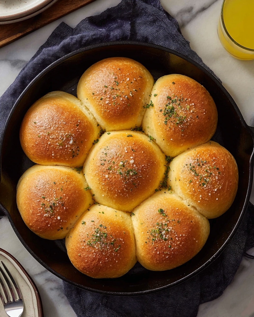This is a black cast iron pan filled with eight round golden-brown baked bread rolls arranged closely together in a circular pattern. Each roll has a slightly shiny, smooth crust with light sprinkling of herbs and salt on top, giving them a textured look. The pan sits on a dark cloth over a white marbled surface, with part of a white plate and a fork visible at the lower left and a glass of yellow drink at the upper right side of the image. Photo taken with an iphone --ar 4:5 --v 7
