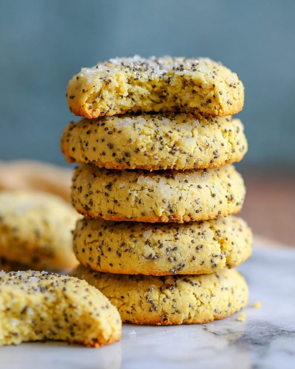 A close-up view of a stack of five thick, round cookies with a rough, crumbly texture on a white marbled surface. Each cookie is a light golden yellow with small black chia seeds scattered throughout, giving a speckled look. The top cookie shows a sprinkle of coarse sugar adding a slight sparkle. The bottom cookie has a bite taken out of it, revealing a soft, dense inside with more chia seeds. In the background, a blurred blue tone highlights the cookies as the main focus. Photo taken with an iphone --ar 4:5 --v 7