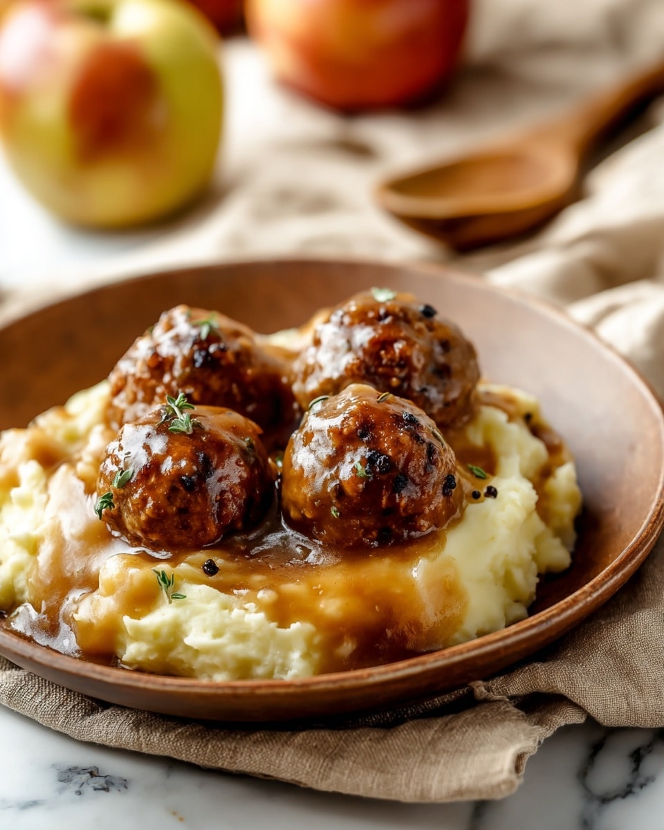 The image shows a close-up of a brown plate filled with a creamy layer of pale yellow mashed potatoes topped with four large round meatballs. Each meatball is covered with glossy, thick brown gravy that has small green and black specks, indicating herbs and spices. The gravy also pools slightly around the mashed potatoes, adding a shiny texture. The background is softly blurred, featuring a warm-colored apple, a wooden spoon, and a soft beige cloth, all set on a white marbled surface. photo taken with an iphone --ar 4:5 --v 7