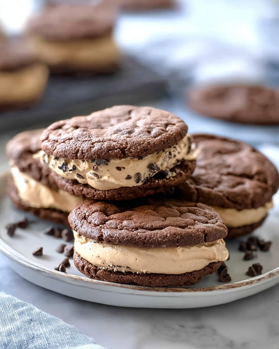 The image shows several sandwich cookies placed closely together on a white plate with a slightly raised edge. Each sandwich has three layers: the top and bottom layers are slightly cracked chocolate cookies with a matte, firm texture and a rich brown color, and the middle layer is a thick, creamy filling that is light beige with small dark bits mixed through. The sandwiches are stacked unevenly, some leaning on each other, showing the contrast between the smooth filling and rough cookie layers. The plate rests on a white marbled surface, with a soft focus background that includes blurry shapes suggesting other baked goods and kitchen items. photo taken with an iphone --ar 4:5 --v 7