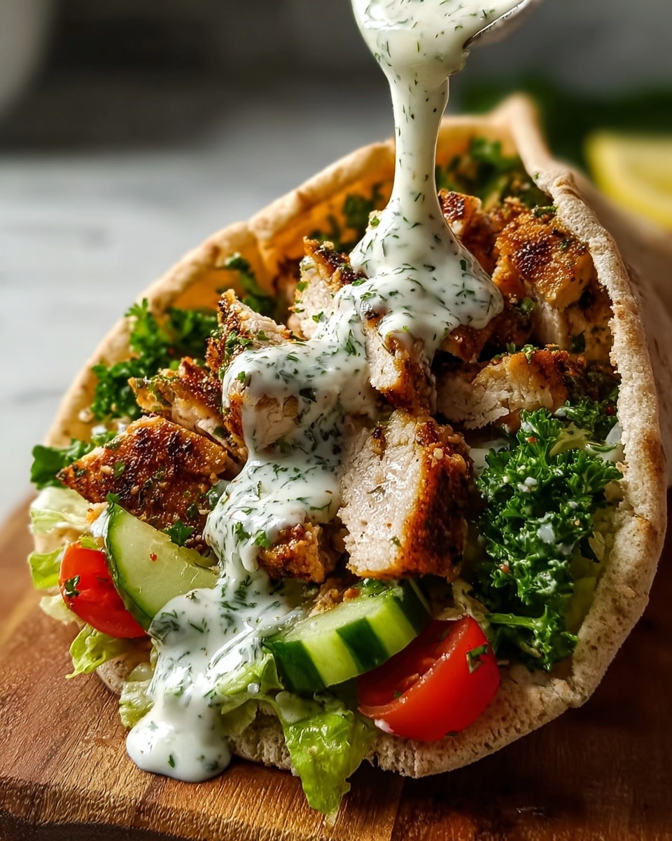 A close-up image of a pita wrap resting on a wooden board over a white marbled texture, filled with multiple layers: the bottom layer shows chopped green lettuce and small pieces of red tomato, followed by a middle layer of bright green parsley and chopped cucumber, topped with large chunks of golden-brown grilled chicken with a crispy texture; a thick, creamy white sauce with green herbs is being poured over the chicken from above, some dripping down the sides. The pita bread has a light brown toasted edge and soft texture inside. Photo taken with an iphone --ar 4:5 --v 7