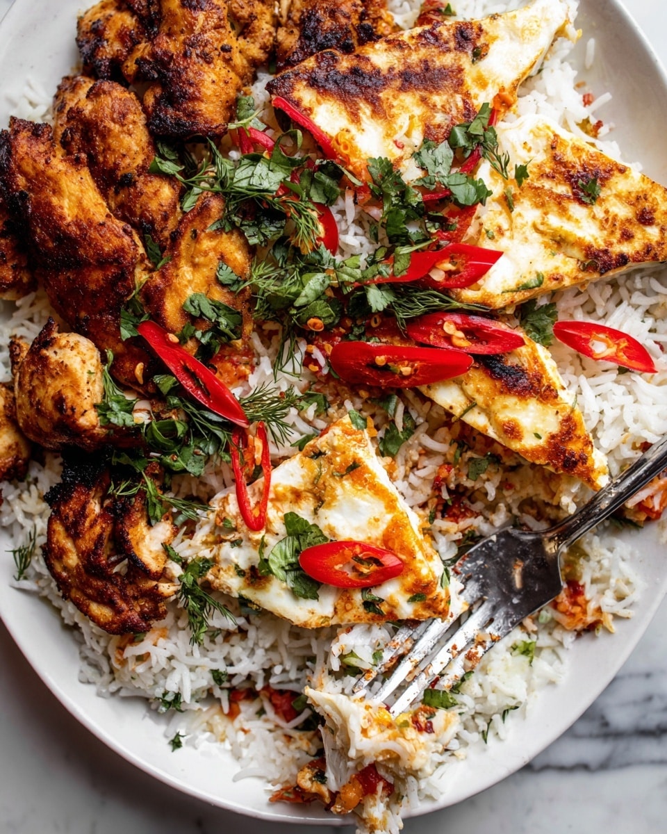 A close-up image shows a dish on a white plate with three main layers: the first layer is white rice mixed with thin red chili slices and some green herbs scattered throughout; the second layer features golden-brown grilled chicken pieces with a crispy texture placed on top of the rice, mostly on the left side; the third layer has large triangular pieces of grilled white cheese with browned spots, decorated with fresh green herbs like cilantro and dill. A metal fork rests on the rice near the center right, with some rice and chili pieces stuck to it, all visible on a white marbled surface below. photo taken with an iphone --ar 4:5 --v 7