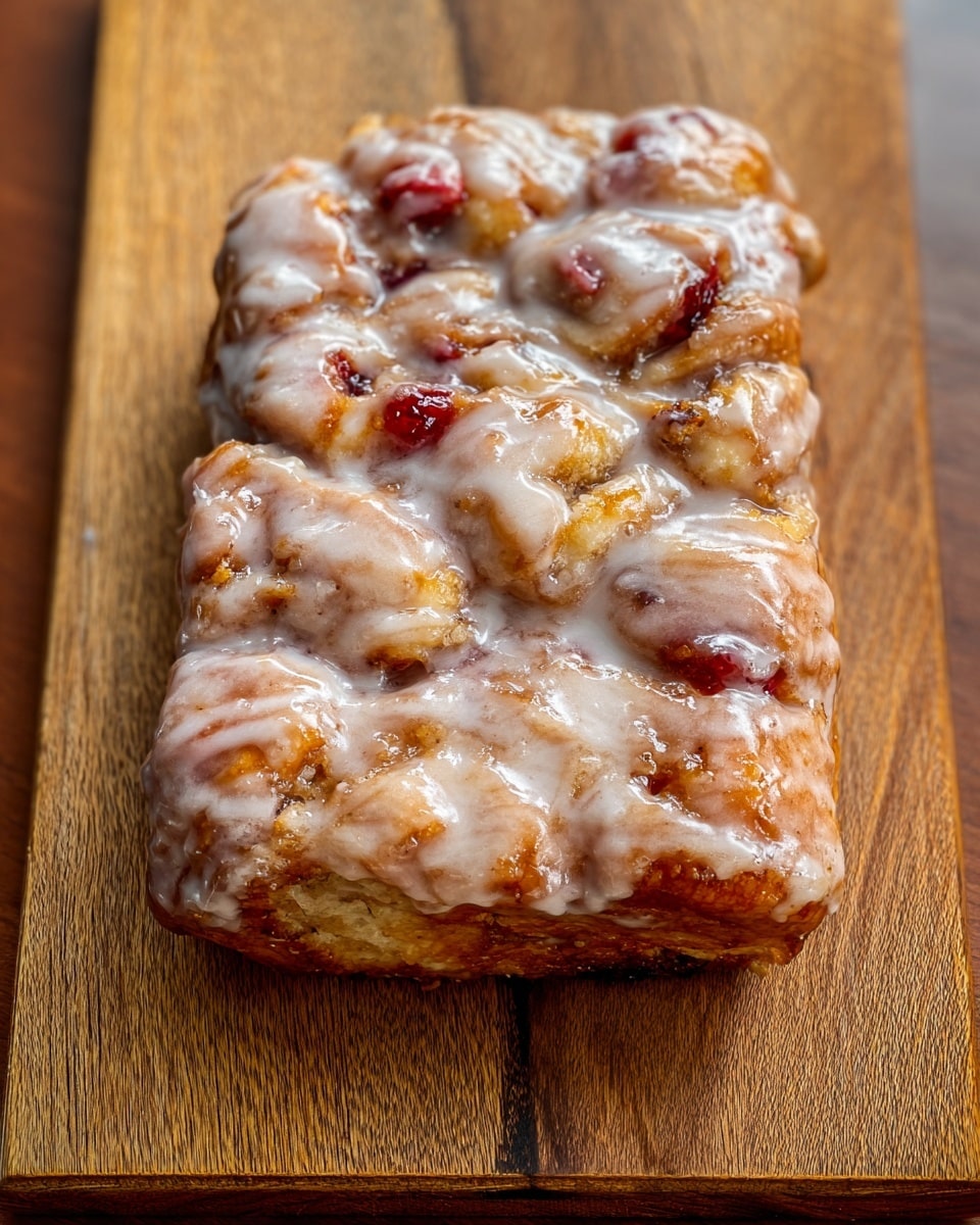 A rectangular sticky bun with a bumpy, uneven surface sits on a wooden board, covered in a thick, shiny white glaze that brings out the light brown and caramel tones of the bun underneath. Scattered throughout are small patches of red, likely fruit filling, adding bright spots of color that contrast with the creamy glaze and soft dough. The bun's surface has a mix of smooth, glossy areas of icing and textured, doughy lumps, creating a rich, inviting look. photo taken with an iphone --ar 4:5 --v 7