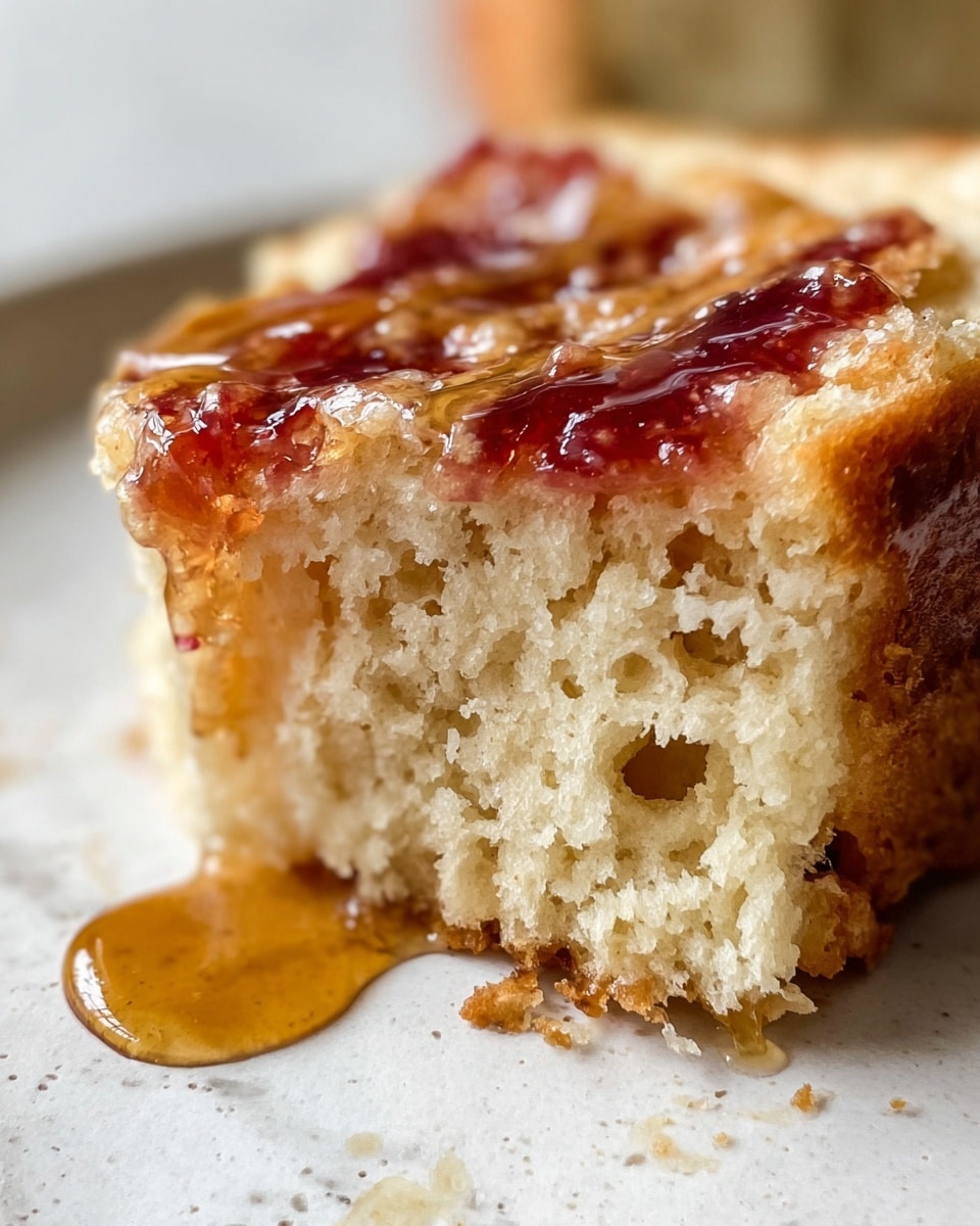 A close-up view of a thick piece of light golden brown bread that is soft and fluffy inside, topped with a layer of sticky, glossy honey dripping down the sides and pooling onto a white plate with a white marbled texture. There are visible streaks of dark red jam beneath the honey, adding a rich, textured contrast on the top edge of the bread. The bread’s crumb shows small air holes and a moist texture, while the honey glistens with a smooth, shiny surface. Photo taken with an iphone --ar 4:5 --v 7