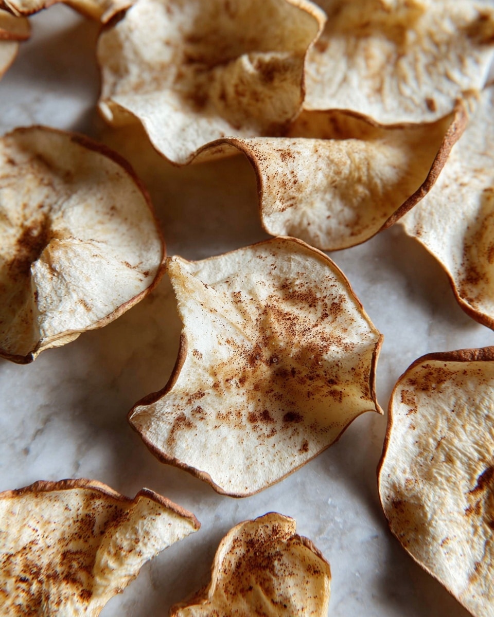 A close-up image showing several dried apple slices spread out on a white marbled textured surface. The slices vary in shape and size, with curled edges and brown cinnamon-like specks sprinkled unevenly on their light cream-colored flesh. The texture looks slightly wrinkled and crisp, with some pieces showing darker brown spots. The lighting highlights the uneven surfaces and layers of each slice, creating depth and detail throughout the arrangement. photo taken with an iphone --ar 4:5 --v 7