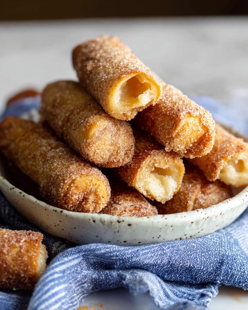 A white speckled bowl holds a stack of seven golden brown rolled pastries coated with a fine layer of sugar and cinnamon. Each pastry is roughly cylindrical with a slightly crumbly, soft texture at the ends, showing a pale yellow interior. The bowl rests on a blue cloth with thin white lines, set against a white marbled surface. In the front, a single pastry lies separately, partially visible and matching the others in color and texture. The overall scene is cozy with warm lighting highlighting the sugary coating and flaky layers. photo taken with an iphone --ar 4:5 --v 7