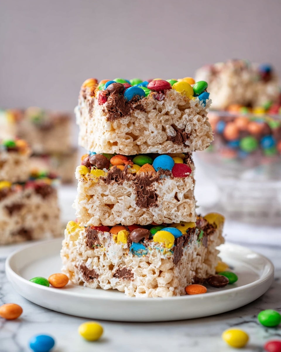 Three square treats are stacked on a white plate, each with two main layers of light beige crispy rice mixed with melted marshmallow, and a top layer covered with small colorful candy-coated chocolate pieces in red, yellow, green, blue, orange, and brown. Between the crispy layers, there are bits of melted chocolate, giving a slightly uneven texture and darker brown spots throughout the beige base. More candy pieces are scattered around the plate and on the white marbled surface beneath, with a soft focus on other similar treats and a glass bowl in the background. The photo taken with an iphone --ar 4:5 --v 7