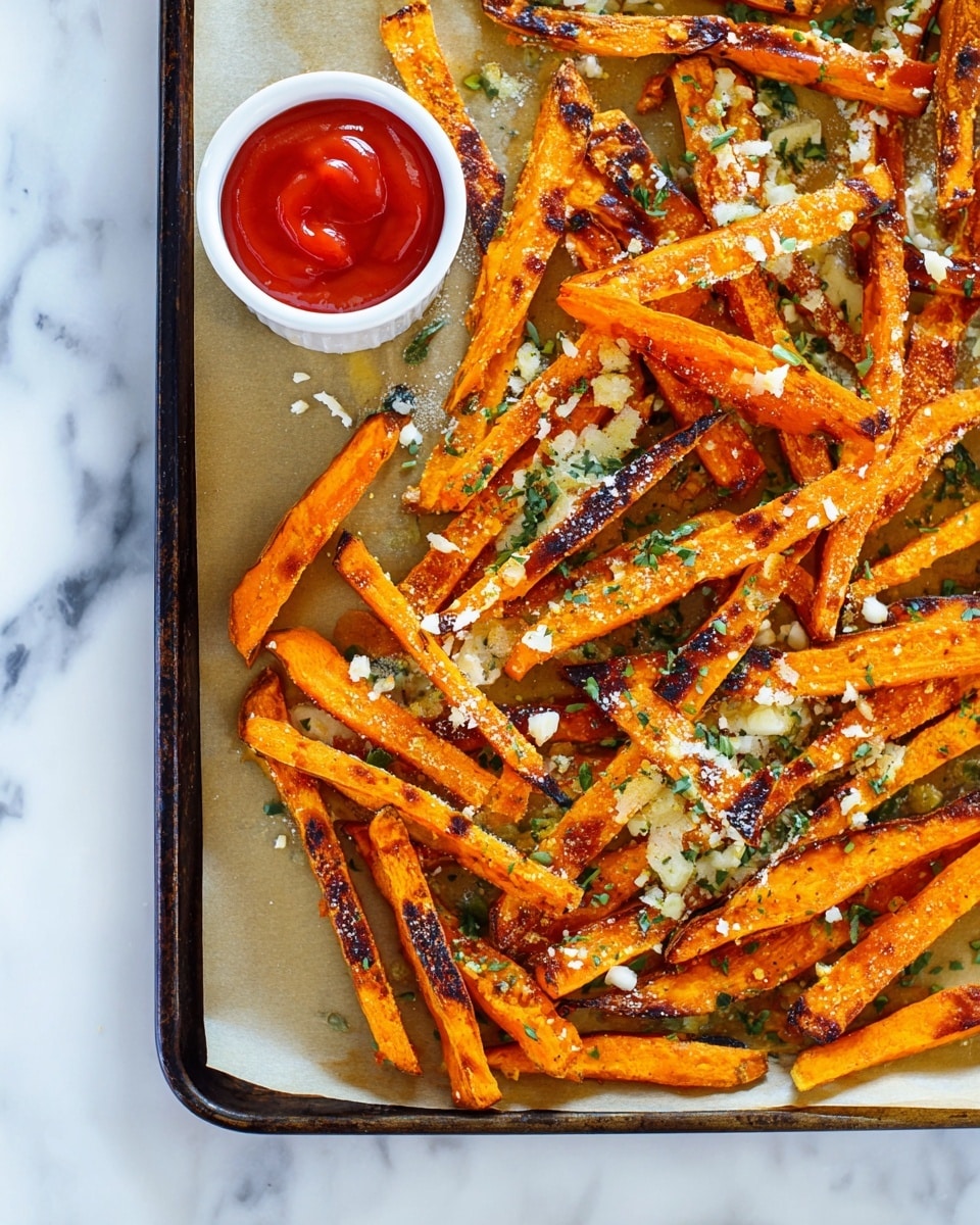 The image shows a baking tray filled with roasted sweet potato fries that are orange with some dark brown charred edges, sprinkled with small bits of green herbs and white grated cheese or garlic on top. The fries are arranged in a scattered, uneven layer covering most of the tray, with parchment paper lining beneath them. In the upper left corner of the tray, there is a small white cup filled with bright red ketchup. The setting features a white marbled surface beneath the tray. photo taken with an iphone --ar 4:5 --v 7