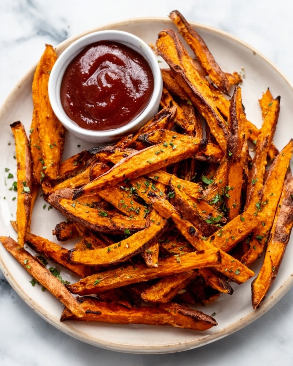 A white plate holds a generous pile of cooked sweet potato fries, each fry showing a mix of orange and slightly charred brown edges with a crispy texture. The fries are garnished with small green herb bits scattered on top. Near the top of the plate is a small white bowl filled with a thick, dark red sauce that looks smooth and rich. The plate is set on a white marbled surface. photo taken with an iphone --ar 4:5 --v 7