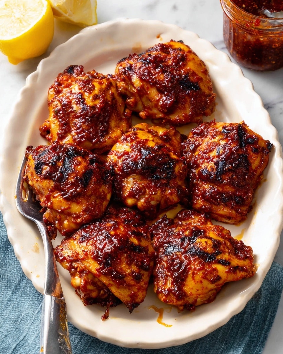 A white oval plate holds eight pieces of grilled chicken thighs with a rich, dark red-brown spicy sauce coating, giving a slightly crispy and sticky texture on the outside. The chicken pieces are arranged close together, showing charred spots and a shiny glaze from the sauce. A fork with a silver handle is placed on the left side under some chicken pieces, and a half lemon is seen at the top-left on a white marbled surface. In the top-right background, there is a glass jar with a similar sauce inside. photo taken with an iphone --ar 4:5 --v 7