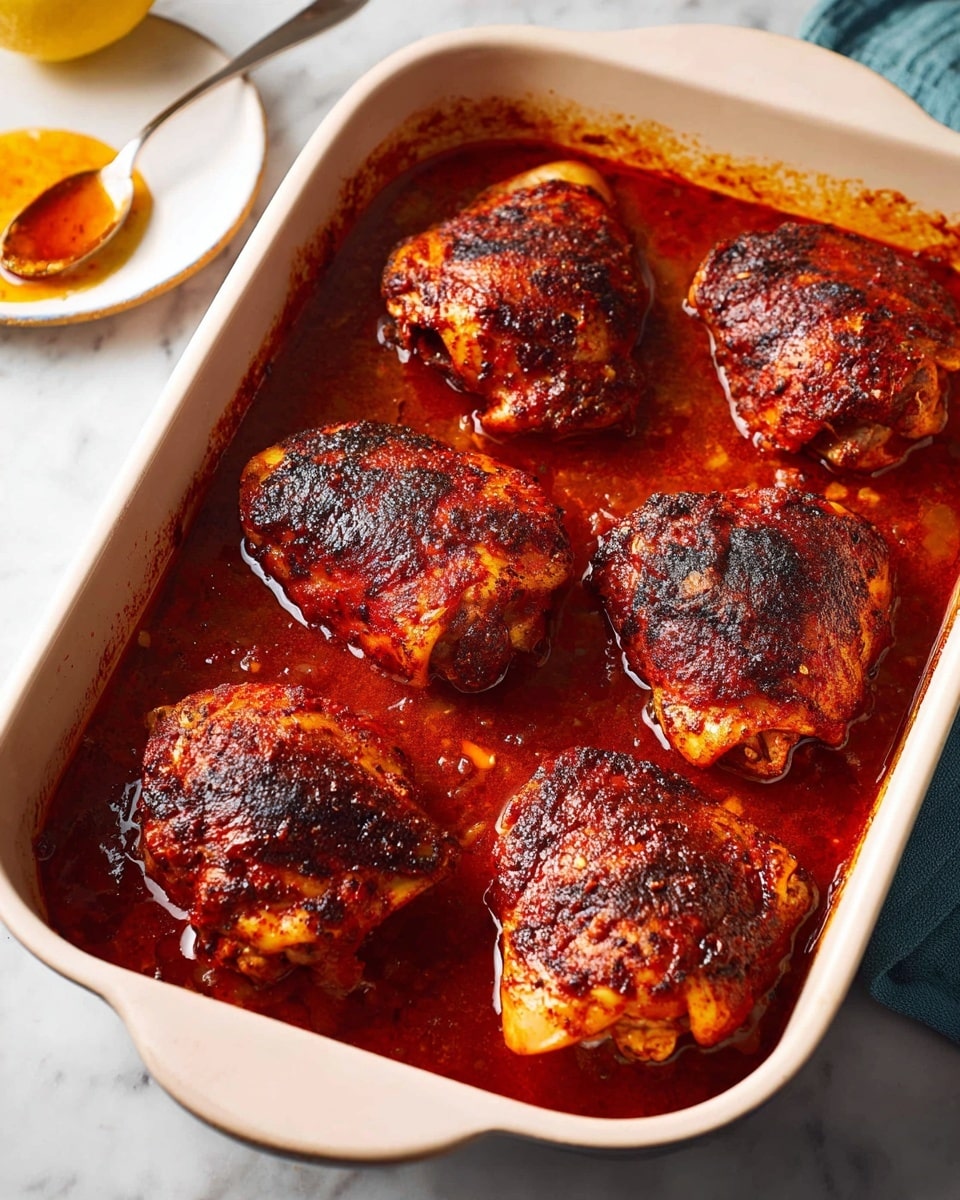 The image shows a white rectangular baking dish filled with eight pieces of cooked chicken thighs arranged in two rows, each piece coated with a dark reddish-brown, slightly charred seasoning. The chicken rests in a layer of thick, deep red sauce that fills the base of the dish. The surface beneath the dish is a white marbled texture. In the background, there is a small white plate with a spoon and some orange sauce, and a lemon half is partially visible at the top left corner. photo taken with an iphone --ar 4:5 --v 7