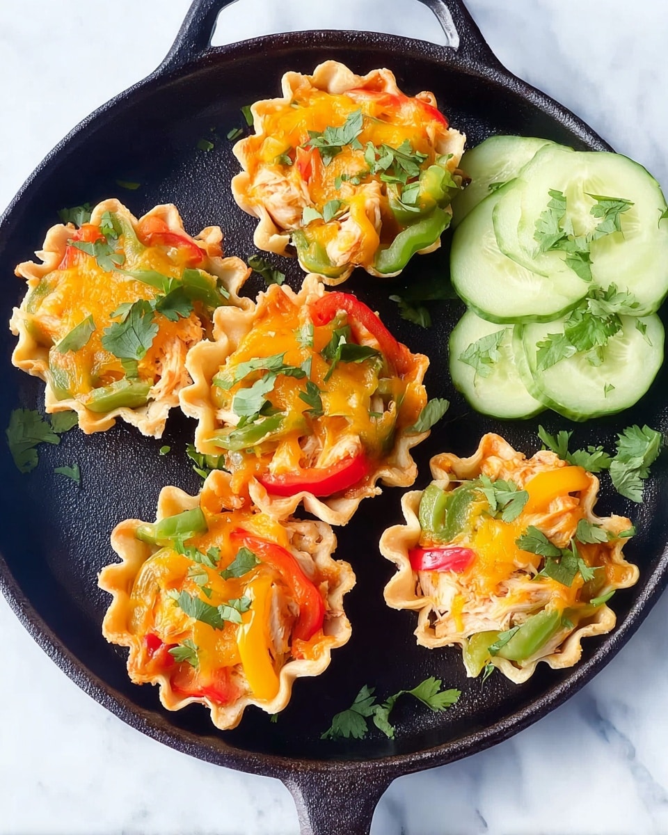 A black cast iron pan holds five small tart shells with ruffled edges, each filled with layers of colorful ingredients: the bottom layer appears to be light-colored diced chicken, followed by thinly sliced green, yellow, and red bell peppers, topped with melted orange-yellow cheese. Small green cilantro leaves are scattered on top and around for garnish. On the side of the pan, there are bright green cucumber slices sprinkled with more cilantro. The pan sits on a white marbled surface. Photo taken with an iphone --ar 4:5 --v 7