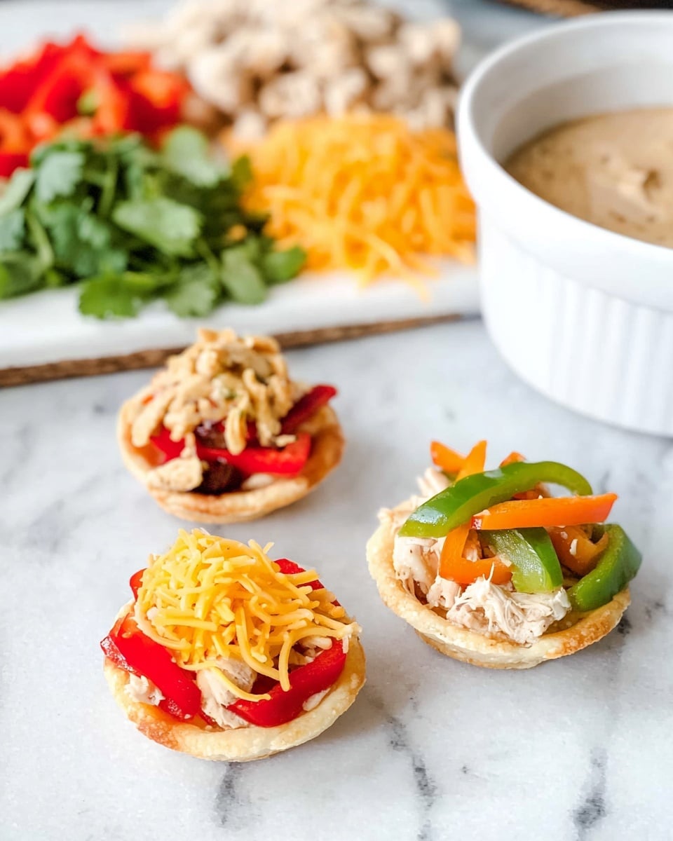 The image shows three small appetizers on a white marbled surface, each made on a small round crust. The first appetizer has a layer of red bell pepper pieces topped with shredded yellow cheddar cheese. The second appetizer is layered with a red bell pepper slice, a small piece of cooked chicken, and shredded cheddar cheese on top. The third appetizer has cooked chicken with strips of green and orange bell peppers on top. In the background, there is a white bowl with a creamy light brown dip, a pile of shredded cheddar cheese, pieces of cooked chicken, and chopped green leafy herbs. Everything is placed on a white marbled surface. photo taken with an iphone --ar 4:5 --v 7