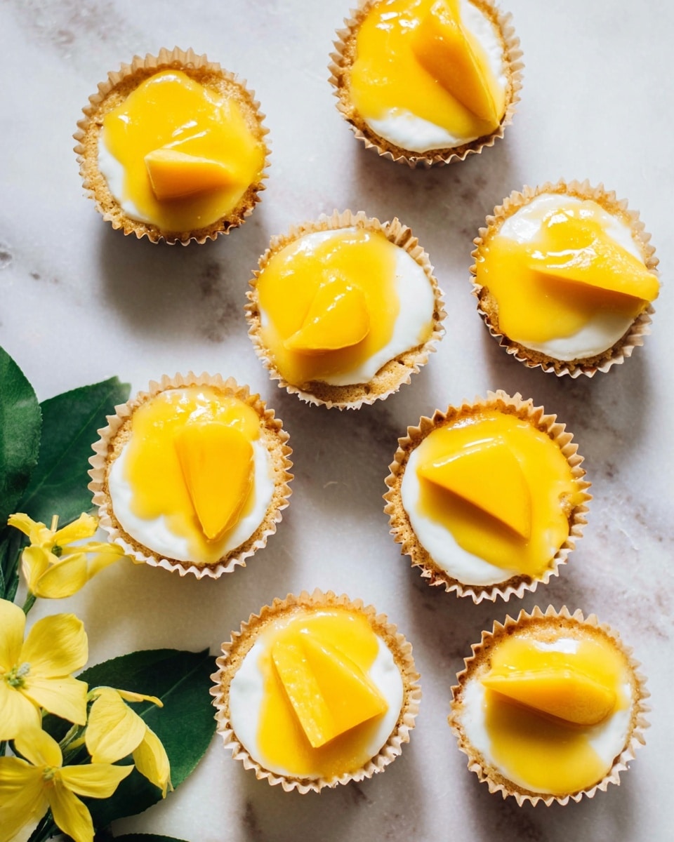 The image shows seven small cupcakes arranged loosely on a white marbled surface. Each cupcake has two visible layers: a bottom white creamy layer that fills the entire cup and on top of it a vibrant yellow mango sauce with a glossy texture. Some yellow mango slices are placed on the sauce, adding a bit of dimension and a fresh look. The cupcakes are in light brown paper liners, adding a rustic touch. To the left side of the image, there are a few yellow flowers with green leaves adding a natural decoration. The overall look is bright, fresh, and inviting. photo taken with an iphone --ar 4:5 --v 7