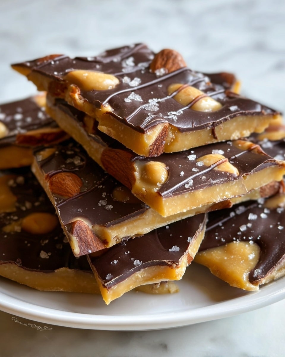 The image shows several pieces of almond toffee stacked on a white plate, all placed on a white marbled surface. Each piece has two visible layers: a thick golden almond toffee base with whole almonds embedded in it, giving a bumpy texture, and an uneven dark chocolate layer drizzled on top, creating glossy stripes and patches. The toffee has a slightly rough surface with some salt sprinkled on top, adding a bit of sparkle. The edges of the toffee pieces are cleanly broken, revealing smooth chocolate and the crunchy almond layer inside. The photo taken with an iphone --ar 4:5 --v 7