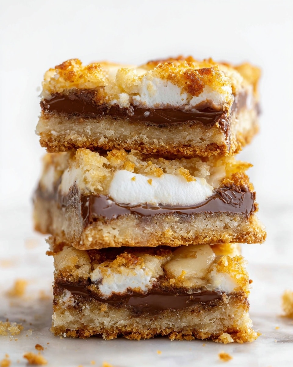 A close-up image of a stack of three dessert bars, each bar has three visible layers: the top and bottom layers are thick, golden-brown crusts with a crumbly texture and small crispy bits, the middle layer is a smooth, glossy dark brown chocolate spread that slightly melts into the crust, and a soft, white marshmallow layer sits just above the chocolate, peeking out unevenly through the crumbly top crust. The bars are stacked on a white marbled surface with a few crumbs scattered around. The lighting highlights the soft and crunchy textures clearly. photo taken with an iphone --ar 4:5 --v 7