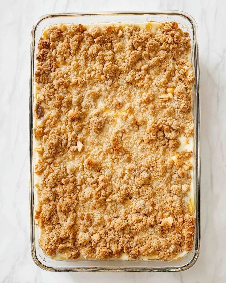 The image shows a rectangular glass baking dish filled with a two-layer dessert. The top layer is thick, crumbly, and golden brown with a rough texture, scattered with small crunchy pieces. Underneath, some hints of a lighter, creamy layer can be seen through cracks in the crumbly top. The dish is set on a surface with a white marbled texture. photo taken with an iphone --ar 4:5 --v 7