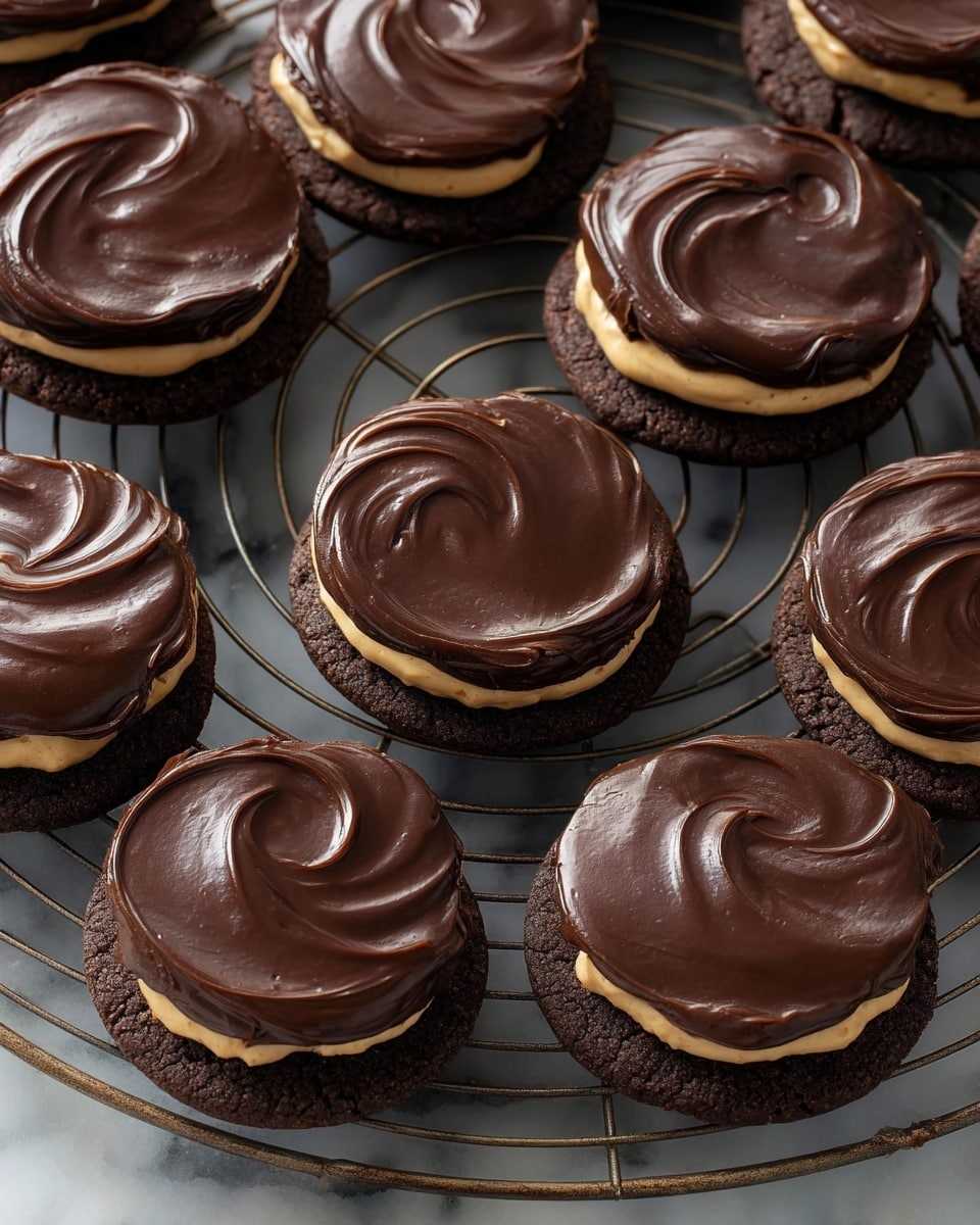 The image shows several round chocolate cookies arranged on a round cooling rack. Each cookie has three layers: a dark brown, slightly rough textured base cookie, a hidden creamy peanut butter-colored middle layer, and a smooth, shiny dark chocolate frosting layer on top with gentle swirling patterns. The cookies are evenly spaced, and the cooling rack has a dark metallic appearance. The background is a white marbled texture. photo taken with an iphone --ar 4:5 --v 7