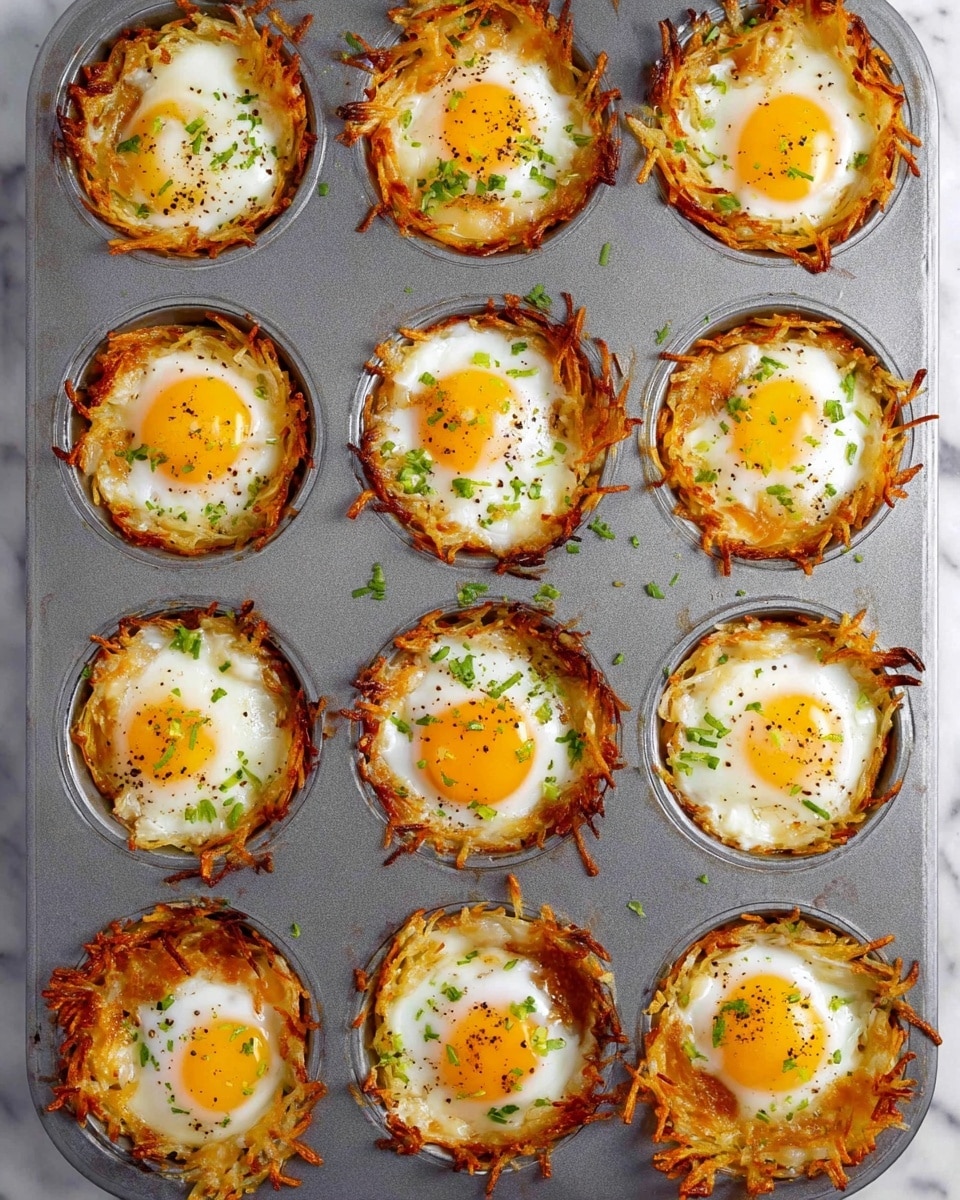 A metal muffin tray holds twelve baked nests, each with three layers: the bottom layer is golden brown crispy shredded potatoes shaped to fit the round cups, the middle layer is a slightly melted layer of cheddar cheese with an orange tint, and the top layer is a cooked sunny-side-up egg with a bright yellow yolk and white edges. Each nest is sprinkled with chopped green herbs and ground black pepper, with some crispy potato pieces sticking out around the edges. The tray sits on a white marbled surface. photo taken with an iphone --ar 4:5 --v 7
