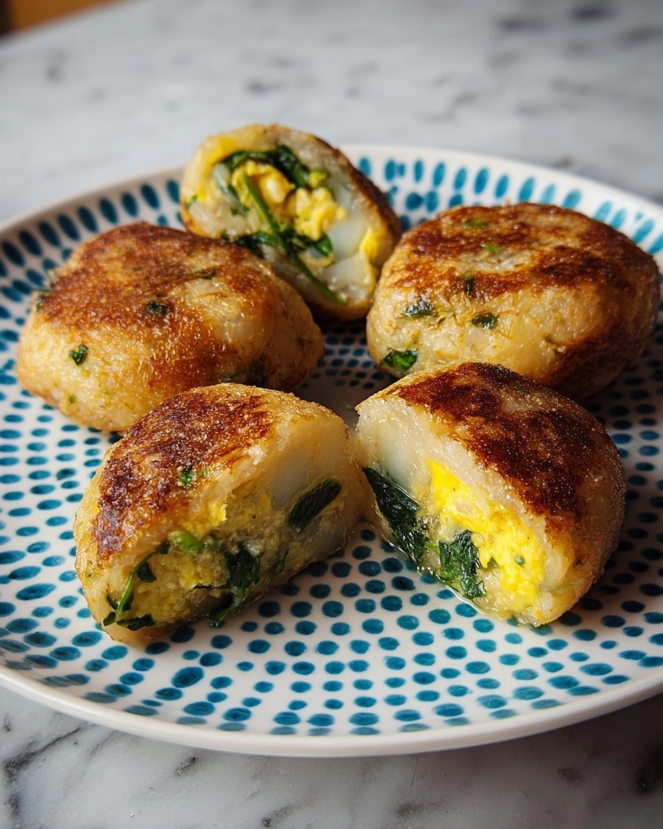 The image shows four fried stuffed rice cakes on a white plate with blue dot patterns. Each rice cake has a golden-brown crispy outer layer with some areas slightly darker. Inside, there are two visible layers: a soft, yellow egg-based layer mixed with green leafy vegetables, likely spinach. The egg layer looks shiny and moist, contrasting with the crunchy texture of the outside. One rice cake is cut in half, revealing the thick egg and spinach filling inside. The plate sits on a white marbled surface, adding a clean and bright background. photo taken with an iphone --ar 4:5 --v 7