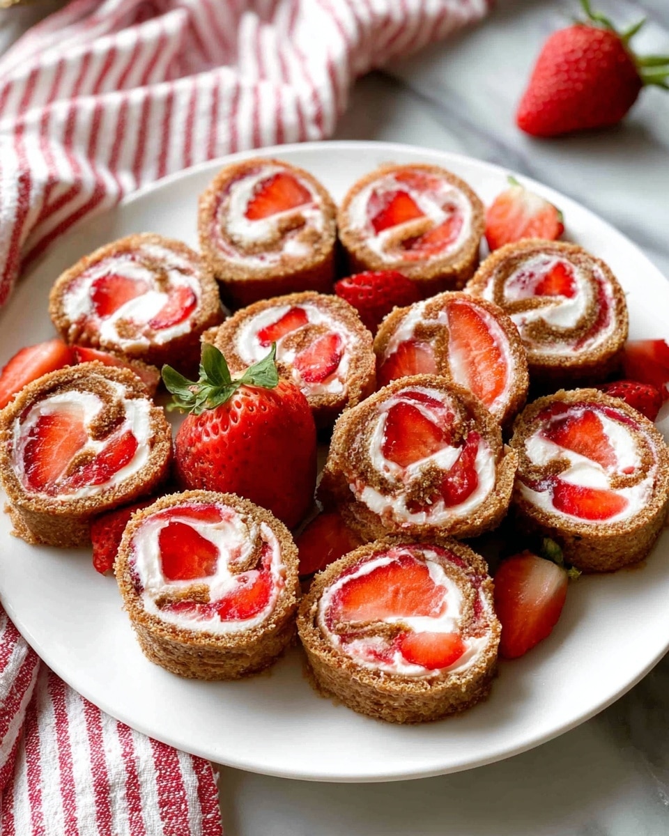 The image shows a white plate filled with many small roll slices arranged in a close group. Each roll has three visible layers: the outer layer is light brown with a cooked, slightly rough texture; inside there is a white creamy layer spread evenly, and finally fresh red strawberry slices are rolled tightly inside, adding bright spots of color. Some whole and halved strawberries are placed around the rolls for decoration. The plate sits on a white marbled surface with some red and white striped cloth nearby. Photo taken with an iphone --ar 4:5 --v 7