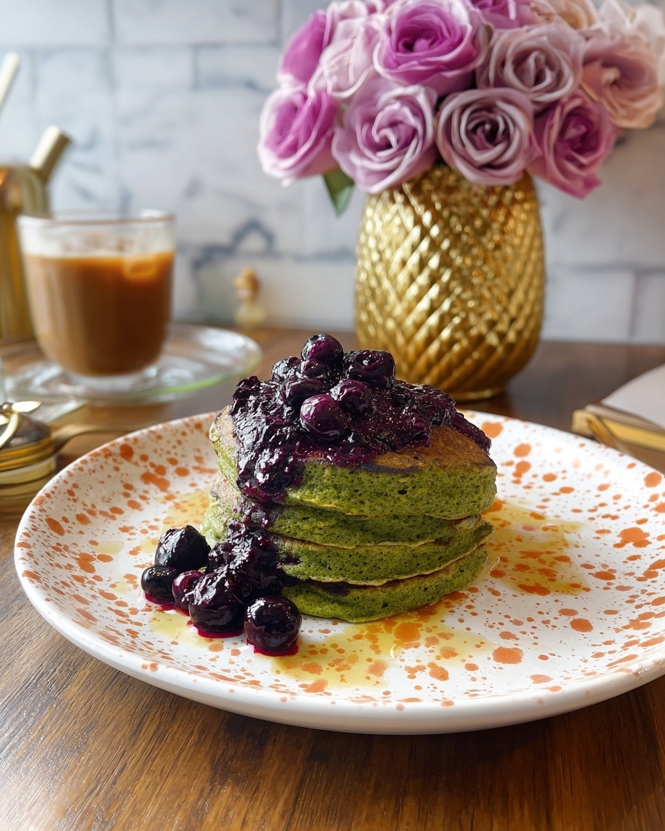 A stack of three thick green pancakes is placed in the center of a white plate with orange and green speckled patterns. On top of the pancakes, there is a glossy pile of dark purple blueberry compote with some whole blueberries. A few blueberries with syrup sit next to the pancake stack on the plate, which also has some syrup drizzled around. The background shows a wooden table with a glass of iced coffee, a shiny gold creamer, and a tall textured gold vase holding a bunch of soft purple roses, all set against a white marbled texture. photo taken with an iphone --ar 4:5 --v 7