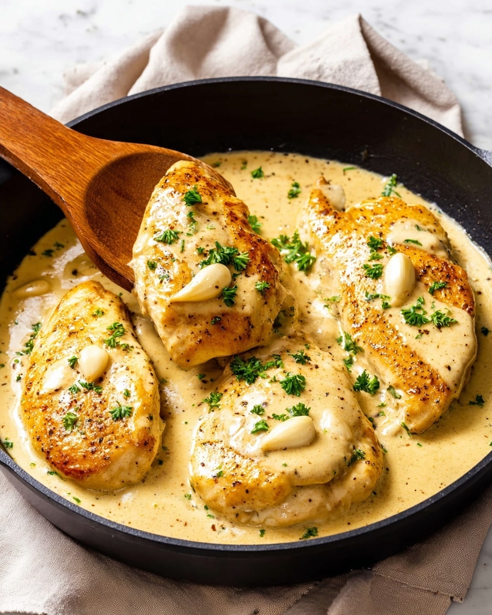 The image shows a black skillet filled with three large golden-brown chicken breasts covered in a creamy light yellow sauce with visible specks of black pepper. On top of each chicken breast, there are several whole garlic cloves and small green parsley leaves scattered for garnish. The sauce has a smooth, velvety texture, partially pooling around the chicken edges. The skillet is placed on a soft beige cloth on a white marbled surface, and a wooden spoon is lifting one chicken breast from the pan. photo taken with an iphone --ar 4:5 --v 7