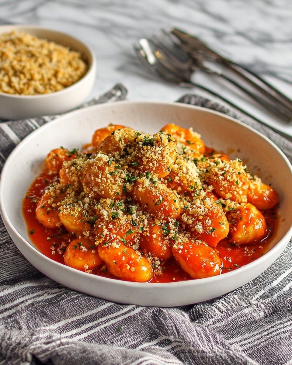 A white bowl filled with three layers of food sits on a white marbled surface covered by a striped cloth. The bottom layer is a glossy, bright orange-red pile of sauce-coated gnocchi pieces. The top layer is a crunchy golden crumb topping sprinkled with small green herbs, covering the gnocchi unevenly. In the background, slightly blurred, there is a smaller white bowl filled with the same crumb topping. Nearby, two silver forks rest on the cloth. The whole scene feels warm and inviting. photo taken with an iphone --ar 4:5 --v 7