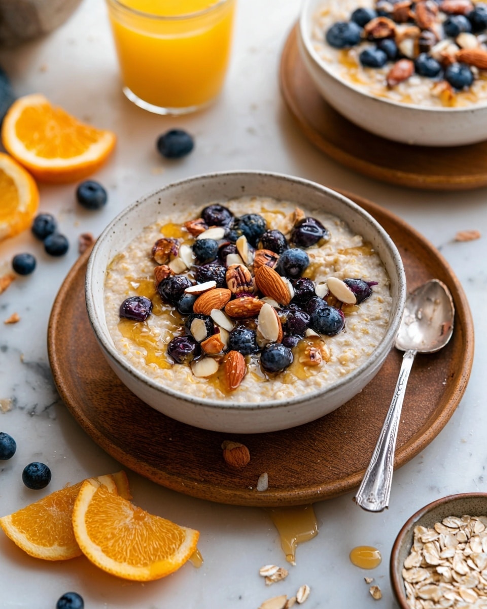 A white bowl filled with creamy oatmeal topped with whole blueberries and a mix of sliced almonds and whole almonds, drizzled with honey, sits on a round wooden plate. A spoon rests on the plate beside the bowl. Nearby are scattered grains and two orange slices on a white marbled surface. In the background, there is a second bowl of oatmeal with similar toppings and a glass of orange juice. photo taken with an iphone --ar 4:5 --v 7