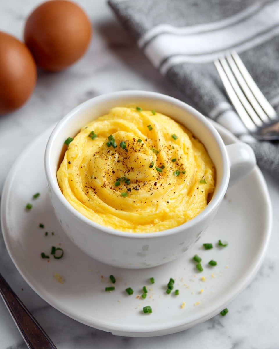 A white cup filled with soft, yellow scrambled eggs, swirled smoothly inside. The eggs have small bits of green chopped chives sprinkled on top, along with a light dusting of black pepper. The cup sits on a white plate that has a few scattered pieces of chives and pepper. In the background, there are two brown eggs and a gray cloth with white stripes on a white marbled surface. A silver fork is placed near the plate. Photo taken with an iphone --ar 4:5 --v 7