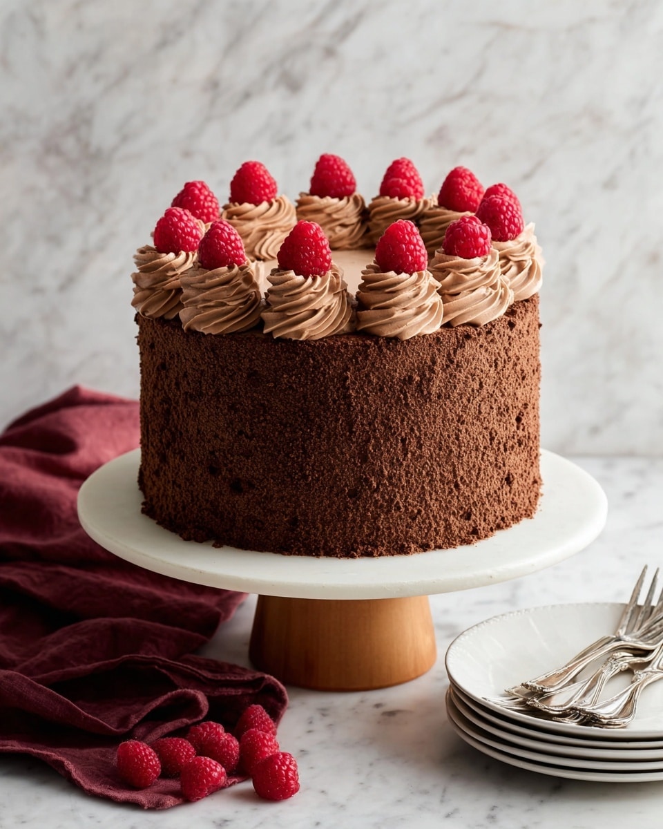 The image shows a tall chocolate cake with a rough, crumbly texture on the outside layer. Around the base is a ring of chocolate cream swirls in a light brown shade, matching the chocolate cream dollops that circle the top edge. Each top dollop is topped with a bright red raspberry, evenly spaced to form a neat crown. The cake sits on a white cake stand with a light wood base, placed on a white marbled surface. Nearby, there is a stack of white plates with silver forks, and a folded dark red cloth lies to the side. photo taken with an iphone --ar 4:5 --v 7