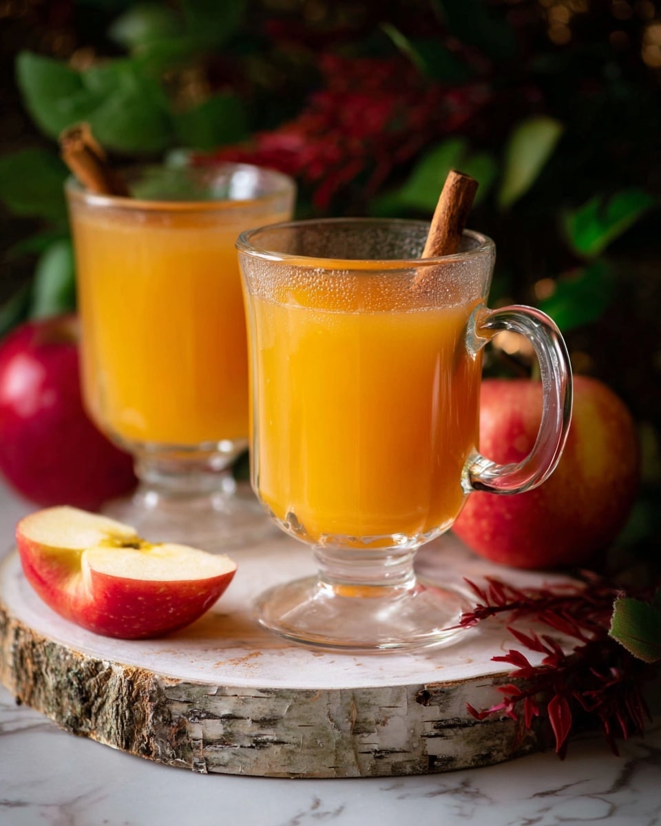 The image shows two clear glass mugs filled with bright orange apple cider, each with a cinnamon stick standing upright inside. The mugs are placed on a round piece of light birch wood with visible bark texture, creating a rustic look. One mug is closer to the camera, showing slight condensation near the rim, while the other stands slightly behind it. In the foreground, there is a red apple and a sliced apple piece resting on a white marbled surface. The background is softly blurred with dark green leaves and red foliage, enhancing the cozy autumn feel. Photo taken with an iphone --ar 4:5 --v 7