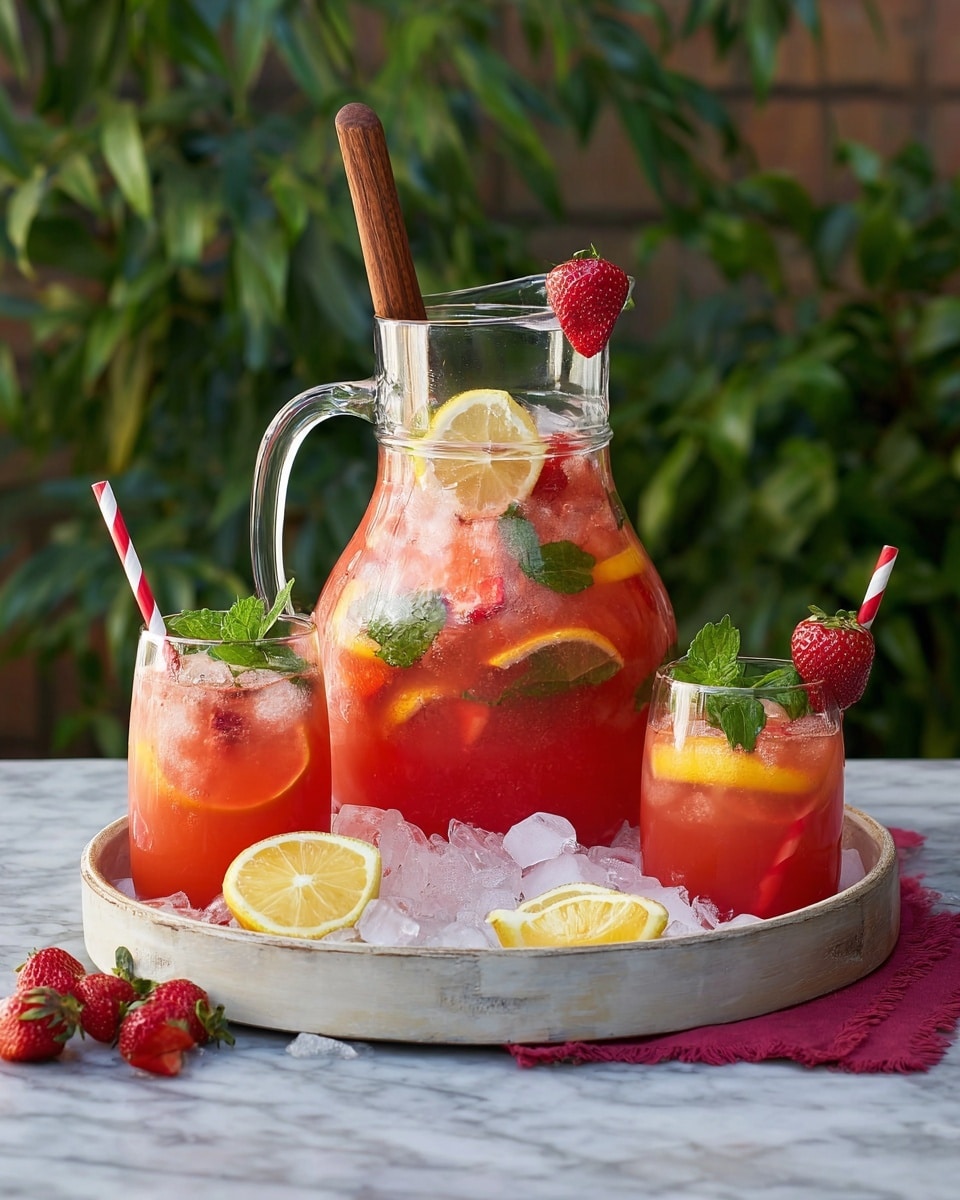 A large clear glass pitcher filled with a pinkish-red drink, containing visible slices of bright yellow lemon and soft green mint leaves floating on top with ice cubes. Inside the pitcher is a wooden spoon with a deep red strawberry attached to its handle. In front of the pitcher, a medium glass and a small glass both hold the same pinkish-red drink with lemon slices and mint leaves garnishing each, and red-and-white striped straws inserted in both glasses. The glasses sit on a white round tray filled with scattered ice cubes, several fresh strawberries, lemon wedges, and a dark pink cloth, all set on a white marbled surface with green blurry leaves in the background. Photo taken with an iphone --ar 4:5 --v 7