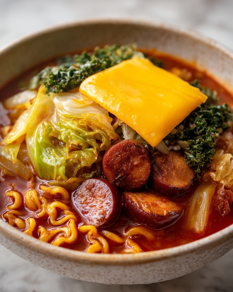 The image shows a close-up of a rich, red stew with several visible layers. The base is a thick, spicy red broth filled with curly noodles that are partially submerged and curling around the center. On top of the noodles is a melting square slice of yellow cheese, partially covered by the broth and slightly stretched. Around the edges of the stew are layers of leafy, pale green cabbage and light tan root vegetables, along with some brown sausage slices that appear cooked and glossy. The dish is presented in a white marbled textured setting. photo taken with an iphone --ar 4:5 --v 7