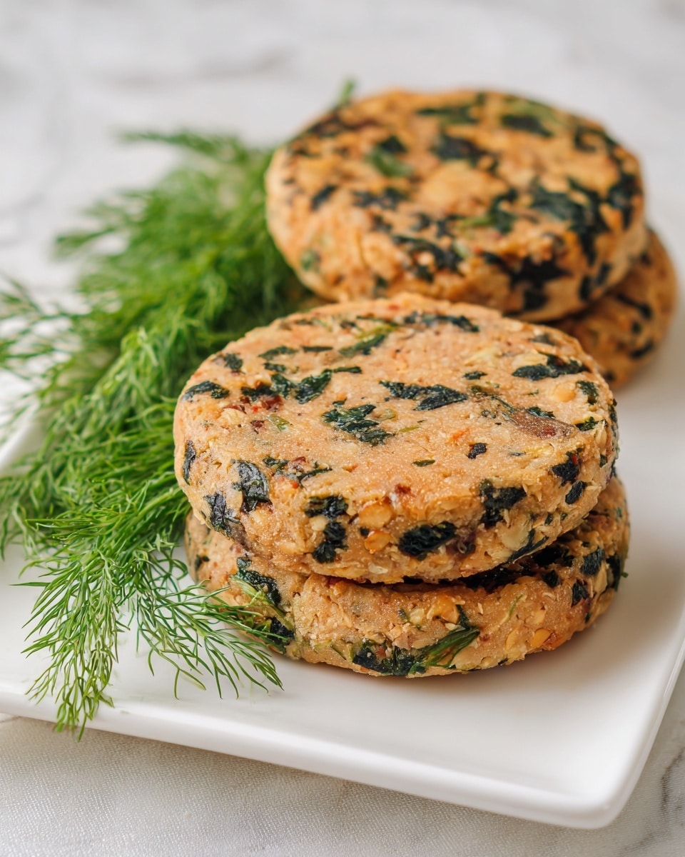 The image shows three round patties stacked on a white rectangular plate, each patty having a mix of light tan color with dark green leafy bits evenly spread throughout, giving a textured, slightly rough look. To the left of the patties, there is a fresh bunch of green dill, adding a vibrant color contrast. The background is plain and soft, with a white marbled texture beneath the plate. Photo taken with an iphone --ar 4:5 --v 7