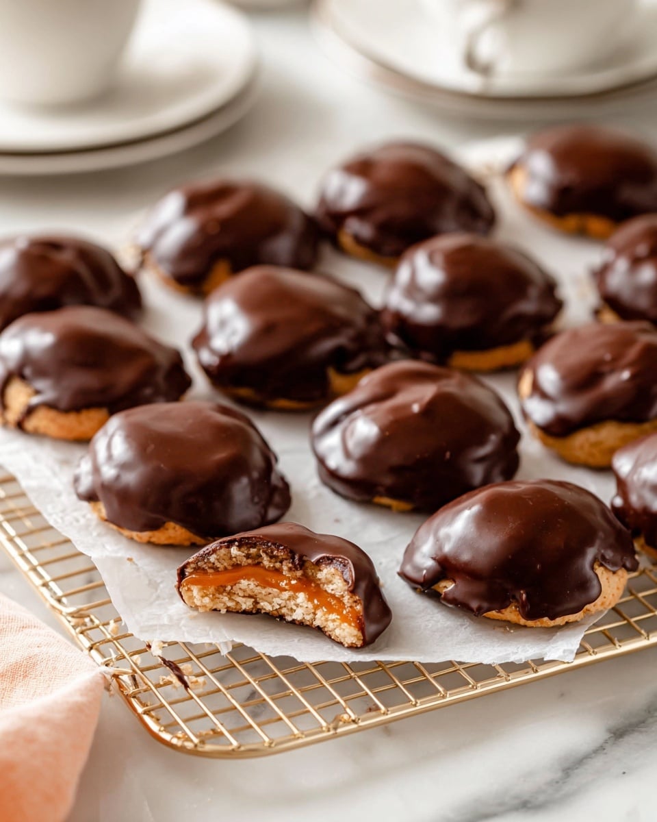 The image shows about sixteen dome-shaped cookies with a thick, glossy dark chocolate coating that covers the entire top and sides, leaving a hint of a light, crumbly biscuit base at the bottom. They are arranged on a gold wire cooling rack lined with white parchment paper, resting on a white marbled surface. One cookie is broken in half, revealing a soft, light orange filling inside the biscuit layer. The scene includes a blurred white cup and parts of white plates in the background. Photo taken with an iphone --ar 4:5 --v 7