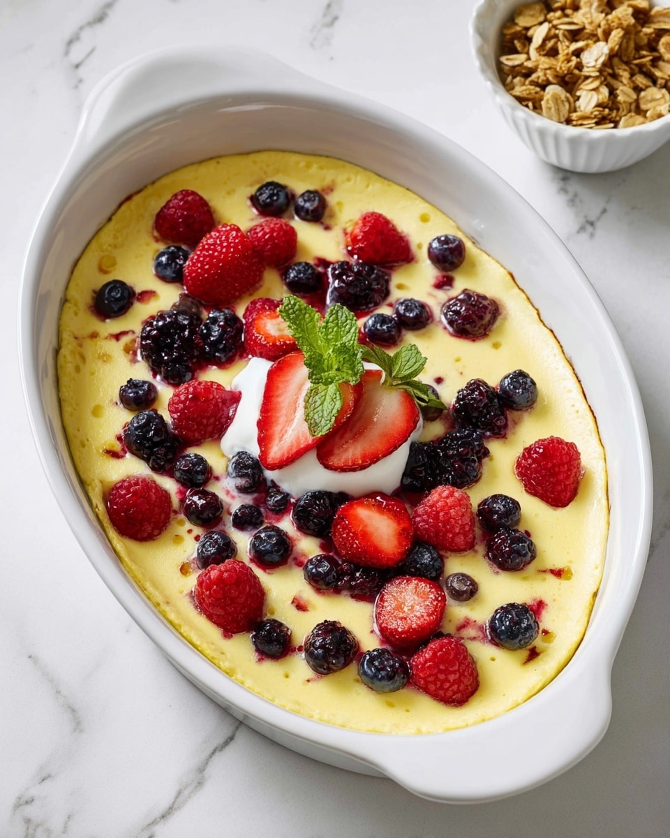 The image shows a white oval dish filled with a smooth, creamy yellow base, topped with scattered fresh berries including dark blueberries, red raspberries, and sliced strawberries. The berries are placed evenly on the surface, with some berry juices lightly bleeding into the yellow base near the edges. In the center, there is a small dollop of white cream with a sprig of green mint leaves and a sliced strawberry for decoration. The dish sits on a white marbled surface, and in the background, there is a small white bowl containing granola pieces. photo taken with an iphone --ar 4:5 --v 7