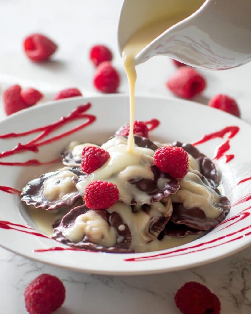 Chocolate Ravioli with White Chocolate Mascarpone and Raspberry Sauce Recipe