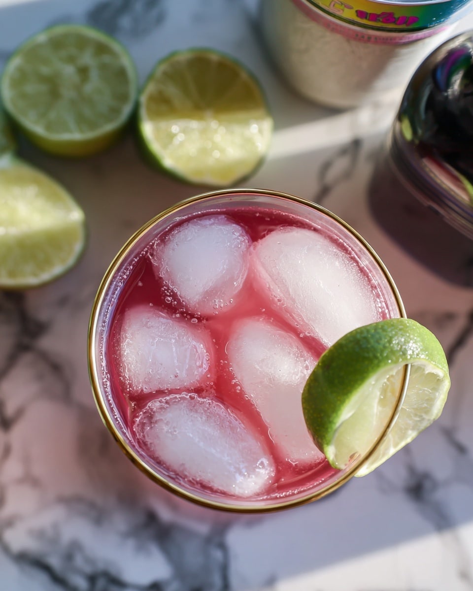 A close-up top view of a clear round glass filled with pink liquid and several large ice cubes floating inside. The glass is rimmed with a thin gold line and has a green lime wedge placed on the edge. In the background, there are green lime halves on a white marbled surface, a white canister with a colorful label to the right, and a dark bottle bottom left all slightly blurred. photo taken with an iphone --ar 4:5 --v 7