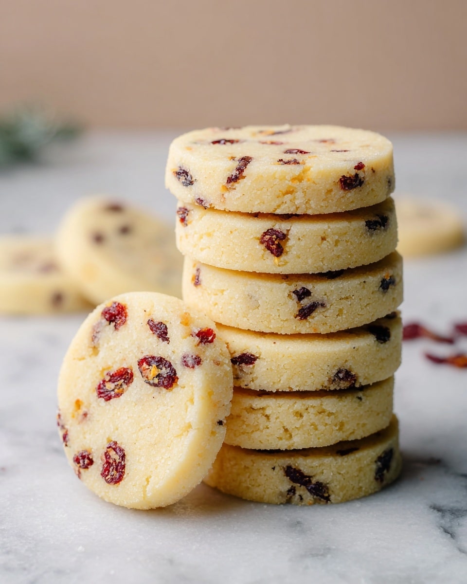 A stack of eight round, pale yellow cookies sits upright on a white marbled surface, with the front cookie leaning against the stack. Each cookie is dotted with small, dark red dried fruit pieces evenly spread throughout the soft, crumbly texture. The edges of the cookies are smooth and slightly rounded, showing a consistent thickness. The background is softly blurred, highlighting the cookies as the main focus. Photo taken with an iphone --ar 4:5 --v 7