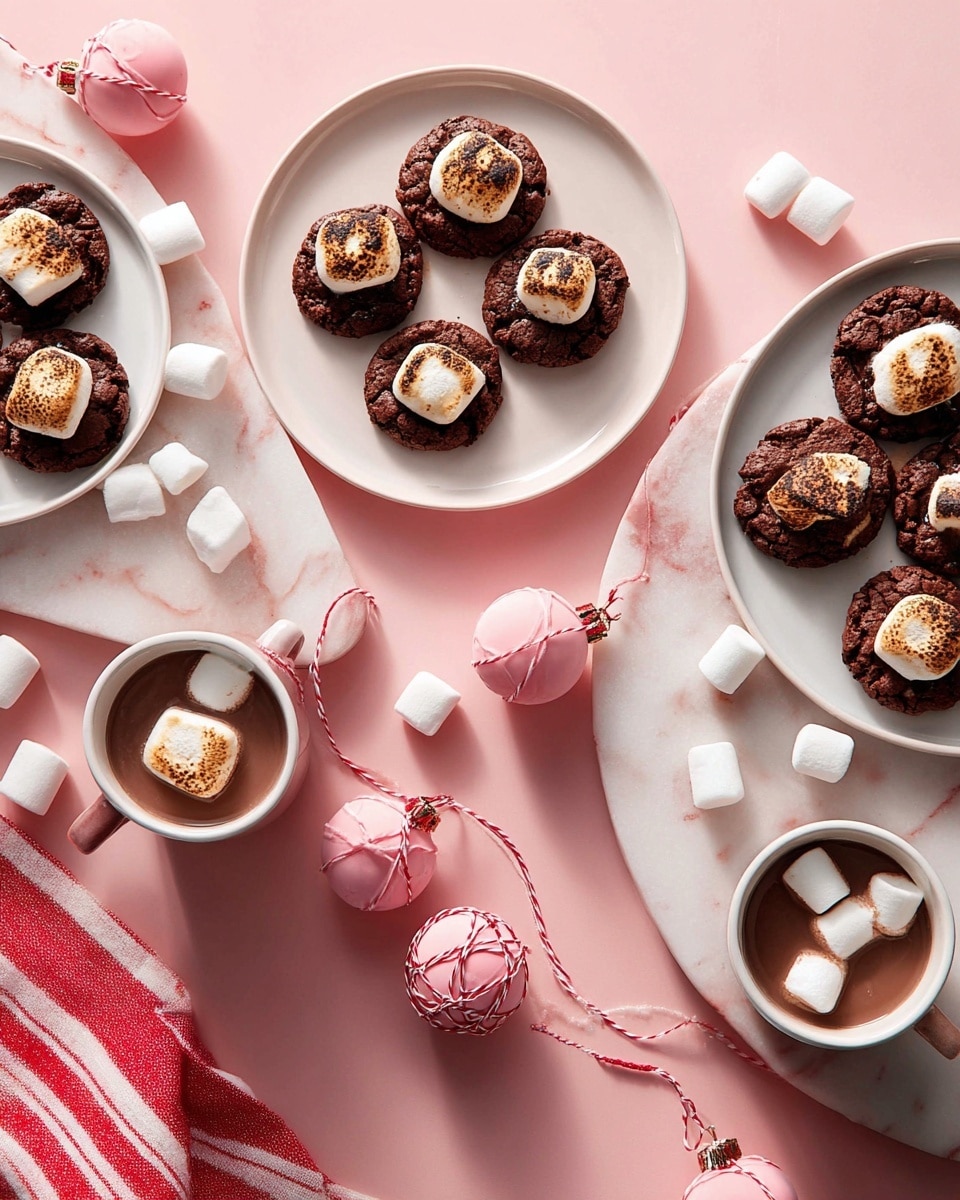 The image shows several chocolate cookies topped with toasted marshmallows, each cookie having one large marshmallow on top, slightly browned and melty. The cookies are placed on three white plates scattered across a pink marbled surface; one plate holds six cookies, another holds three, and the last plate holds three cookies as well. There are two white cups of hot chocolate with small marshmallows floating on top, positioned near the bottom left and bottom right of the image. A red and white striped cloth is placed in the top right corner, and two pink Christmas ornaments connected by twine lie in the middle of the scene, adding a festive touch. photo taken with an iphone --ar 4:5 --v 7