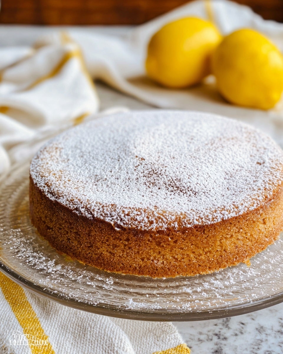 A single round cake with a light brown color sits on a clear glass plate. The cake is dusted evenly with white powdered sugar on top, giving it a soft, snowy texture. The cake has a slightly rough surface showing a homemade texture. In the background, there are two whole yellow lemons placed on a white marbled texture with a white cloth that has yellow and beige stripes underneath. The photo has a close-up view showing the detail and texture of the cake. photo taken with an iphone --ar 4:5 --v 7