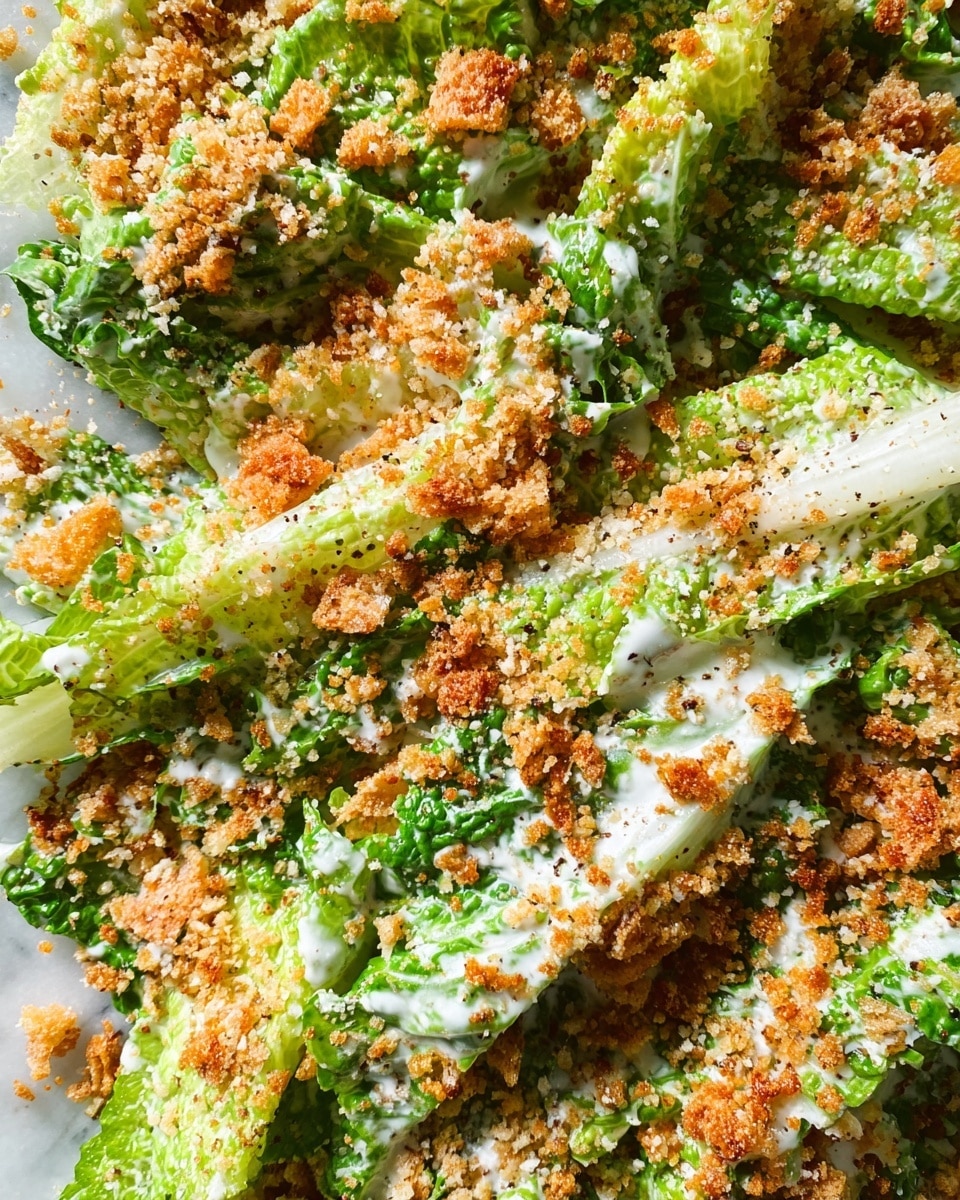 This close-up image shows a fresh salad made of bright green romaine lettuce leaves as the base layer, coated lightly with creamy white dressing that adds a smooth texture. Scattered on top are golden brown crispy breadcrumbs that give a crunchy look, along with a sprinkling of finely grated white cheese and tiny black specks of ground pepper, adding detail and color contrast. The fresh, crisp coat of dressing and the crunchy topping both cover the lettuce evenly, showing different textures from smooth cream to crunchy bits on a white marbled surface. photo taken with an iphone --ar 4:5 --v 7