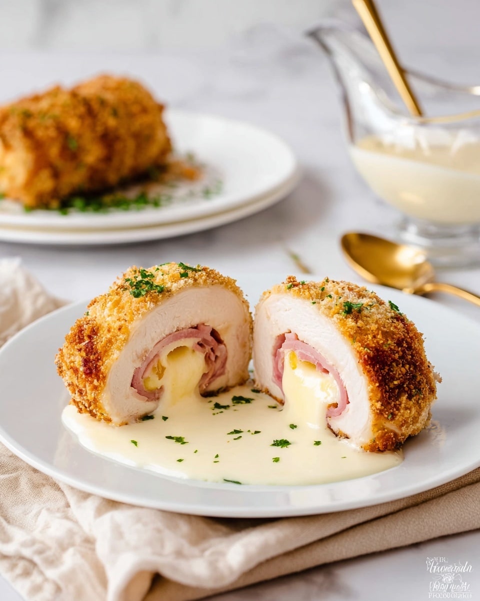 The image shows two thick slices of rolled chicken breast stuffed with a pink layer of ham and a yellow layer of melted cheese in the center, coated with a golden-brown crispy breaded crust. The slices are placed on a white plate with creamy white sauce drizzled over the top and some chopped green herbs sprinkled around. In the background, there is another white plate with a whole portion of the breaded chicken roll and a silver fork resting on a soft beige cloth, all set on a white marbled surface. A clear glass gravy boat with more creamy white sauce and a golden spoon are also visible in the background. photo taken with an iphone --ar 4:5 --v 7