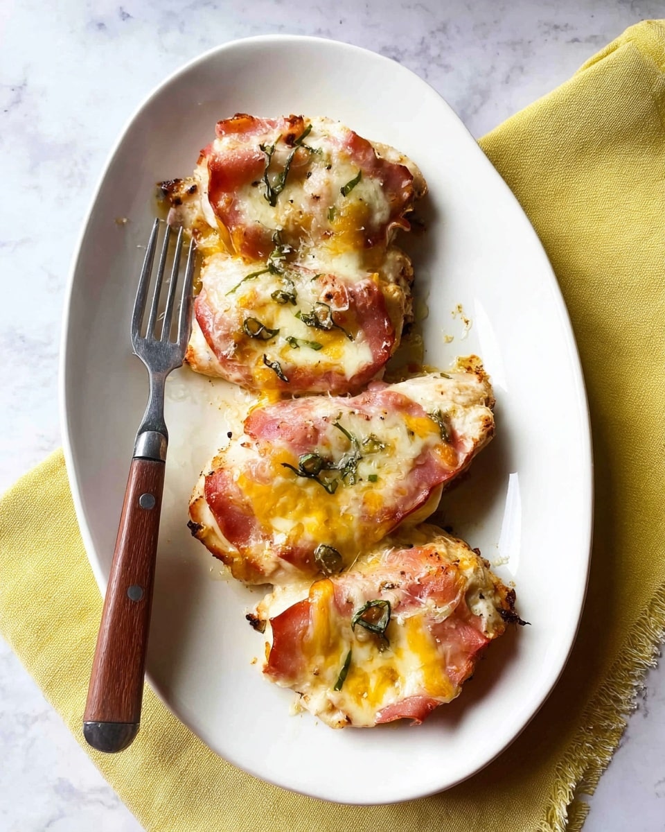 A white oval plate holds four pieces of baked chicken breast topped with layers of pink ham, melted yellow cheese, and small green herb leaves scattered on top. The edges of the ham and cheese have a light golden-brown baked color, showing a slightly crispy texture. The chicken beneath is tender and peeks out from under the toppings. A silver fork with a wooden handle lies on the left side of the plate, and the plate sits on a white marbled surface with a yellow cloth partly visible underneath. photo taken with an iphone --ar 4:5 --v 7