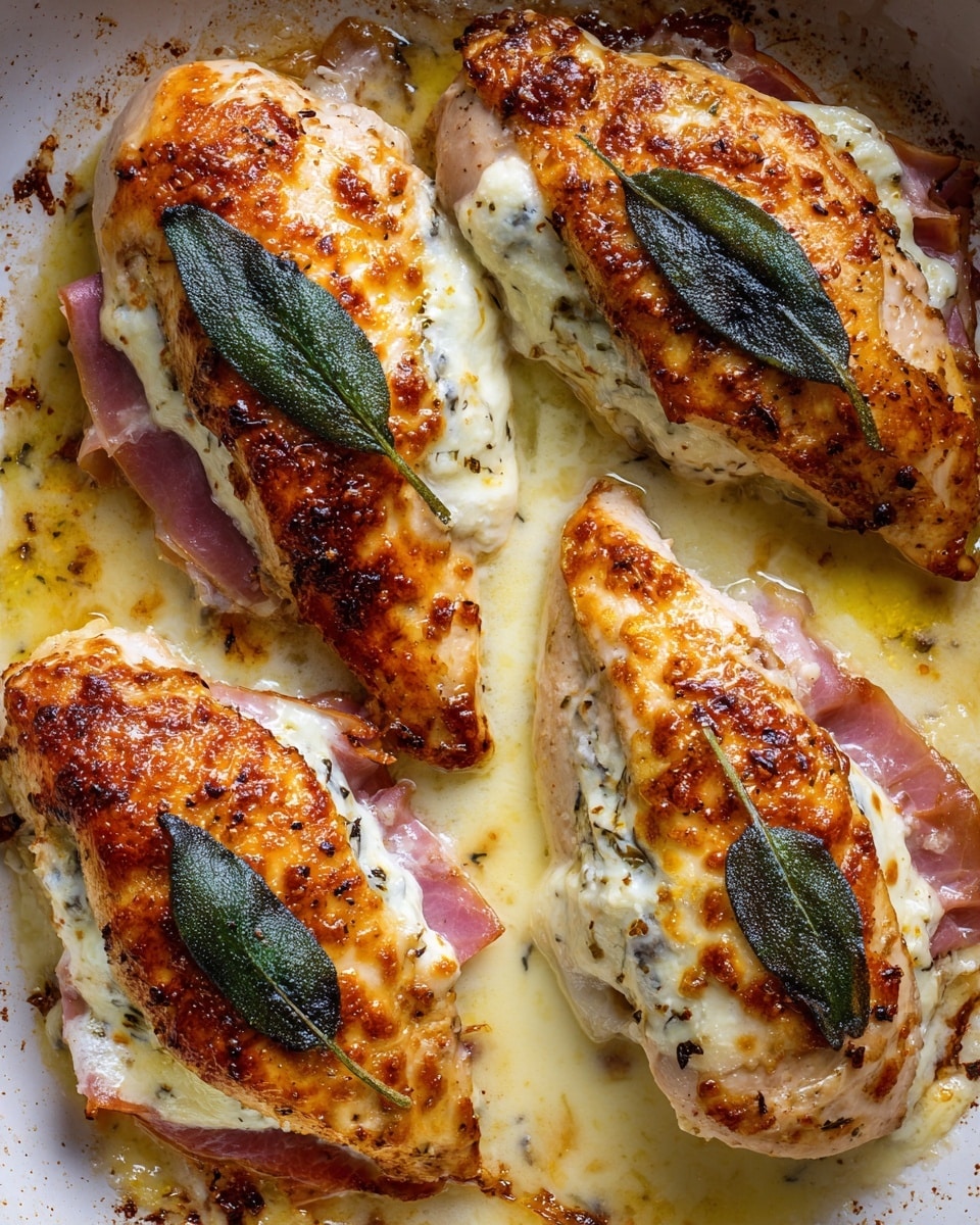 The image shows four cooked chicken breasts in a white pan with golden brown sear marks. Each chicken piece is topped with a layer of pink ham, covered by a melted white cheese layer that has light brown spots from baking. On top of each cheese layer rests a single dark green fried sage leaf, adding contrast. The pan has cooking juices and browned bits spread around the chicken. The overall visual has warm, rich tones with the creamy cheese and crisped chicken skin textures. photo taken with an iphone --ar 4:5 --v 7