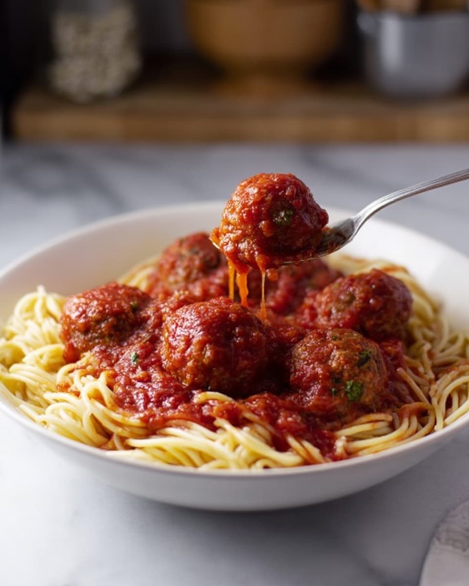 A white bowl filled with spaghetti noodles at the bottom, pale yellow and soft in texture, forming the base layer. On top, there are several round meatballs covered in a thick, rich red tomato sauce with visible bits of herbs, giving a textured, slightly chunky look. A spoon is lifting one meatball from the bowl, showing the sauce dripping slightly. The background has a white marbled texture with some kitchen items blurred in the back. Photo taken with an iphone --ar 4:5 --v 7