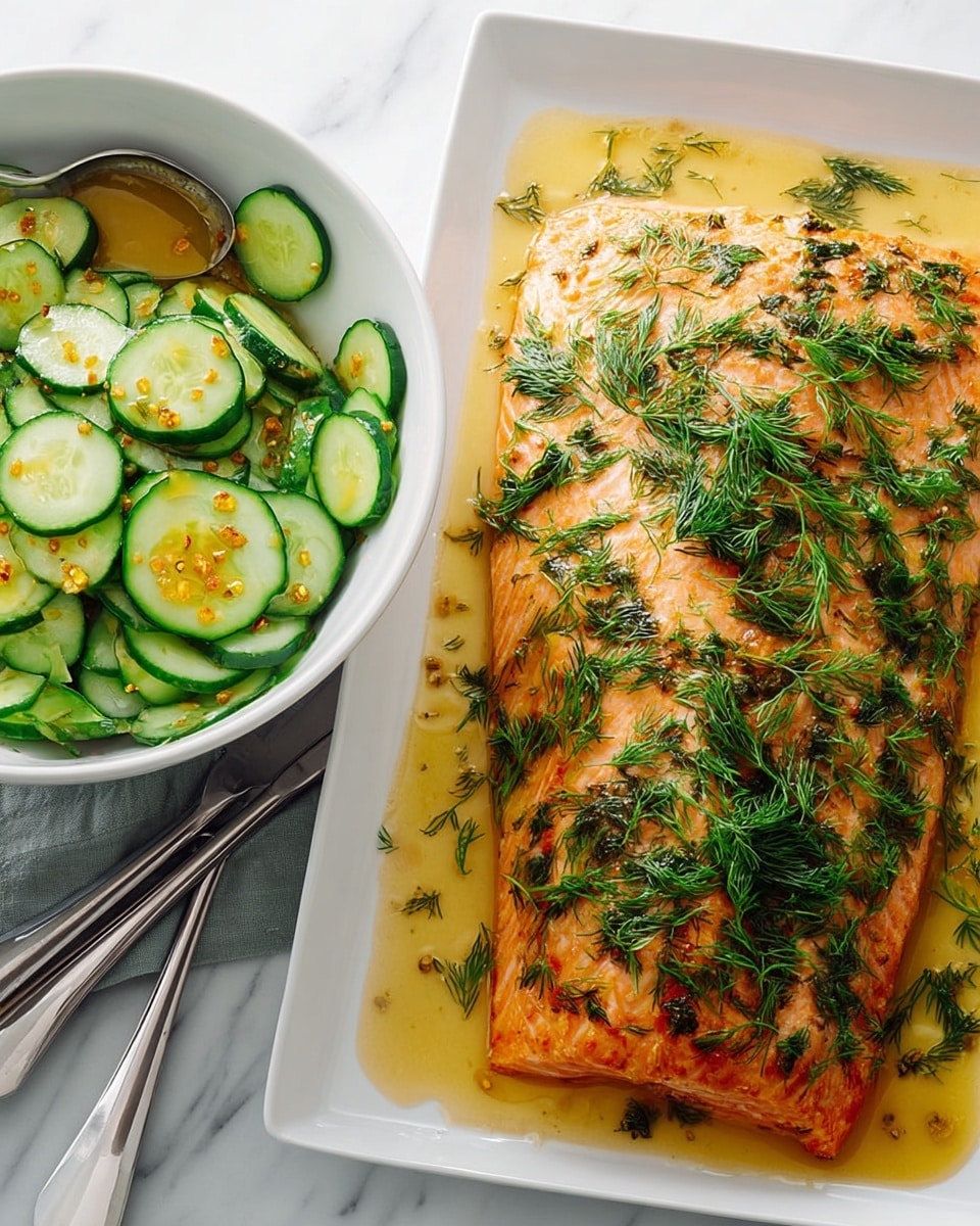 The image shows a large piece of baked salmon with a golden-brown top layer covered with fresh green dill leaves spread evenly across the fish. The salmon fillet rests on a white rectangular plate, with a glossy drizzle of light yellow sauce pooling slightly around it. Next to the salmon is a round white bowl filled with thinly sliced cucumber rounds, bright green in color and sprinkled with small yellow mustard seeds, with a metal spoon inside. The whole setting is on a white marbled surface, with a pair of silver serving utensils placed beside the plate. photo taken with an iphone --ar 4:5 --v 7