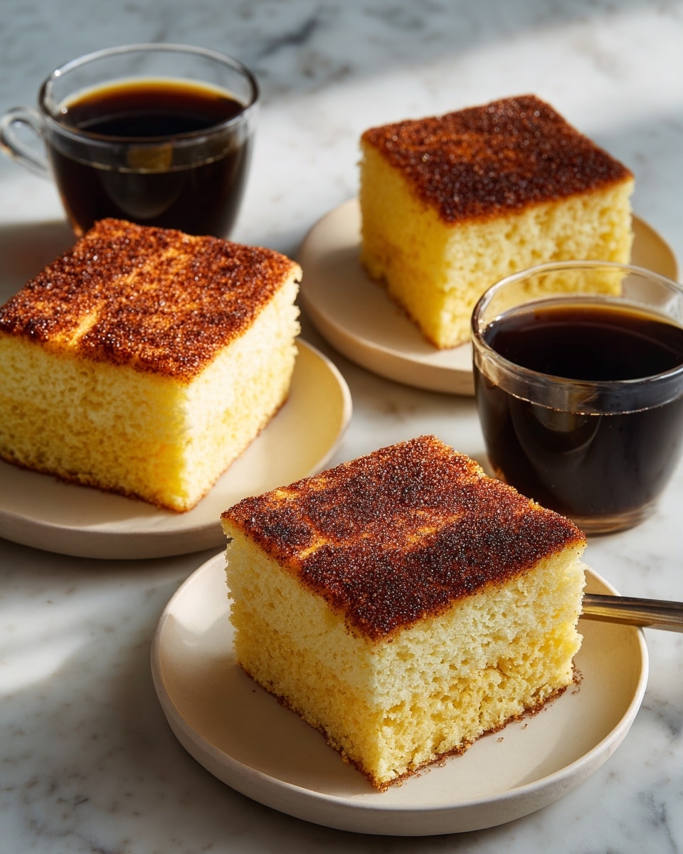 The image shows three thick square pieces of soft, light yellow sponge cake with a textured surface, topped with a darker brown cinnamon sugar crust with a slightly uneven, rough texture in the center and edges. Each cake piece sits on a round white plate with a smooth finish, placed on a surface with a white marbled texture. Two clear glass cups filled with dark black coffee are near the cake pieces. The light in the scene is natural, highlighting the fluffy inside and crispy top of the cakes. photo taken with an iphone --ar 4:5 --v 7
